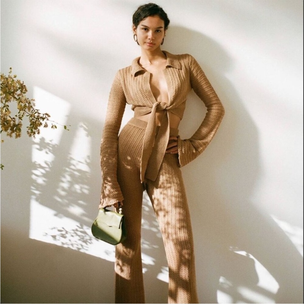 NWT Savannah Morrow Halle Open Pointelle Knit Pant In‎ Almond XL